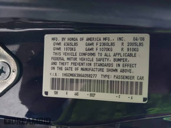 2006 Honda Accord LX with VIN 1HGCM66396A058277, listed as a IAAI auction lot 42651117 with 178,621 mi miles and . Bid and sale history available at DreamBid. Image 9.