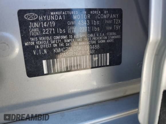 2019 Hyundai Ioniq Limited with VIN KMHC75LD5KU169488, listed as a Copart auction lot 53735785 with 22,647 mi miles and Salvage title. Bid and sale history available at DreamBid. Image 12.