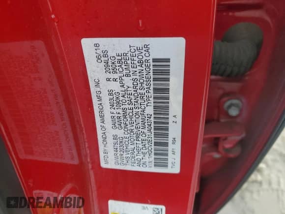 2018 Honda Accord Sport with VIN 1HGCV2E31JA043742, listed as a Copart auction lot 45192525 with 95,455 mi miles and Salvage title. Bid and sale history available at DreamBid. Image 14.