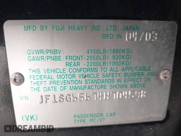 2004 Subaru Forester XS with VIN JF1SG65674H704598, listed as a IAAI auction lot 43323527 with 113,375 mi miles and . Bid and sale history available at DreamBid. Image 9.