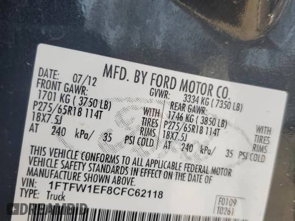 2012 Ford F-150 XL z VIN 1FTFW1EF8CFC62118, wystawiony jako Copart lot #62358955 z przebiegiem Nie podano mil oraz Szkoda całkowita • Salvage title. Historia ofert i sprzedaży dostępna na DreamBid. Obrazek 13.