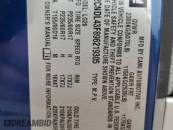 2009 Chevrolet Equinox 1LT z VIN 2CNDL43F896219305, wystawiony jako Copart lot #67739555 z przebiegiem 102 483 mil mil oraz Czysty tytuł • Clean title. Historia ofert i sprzedaży dostępna na DreamBid. Obrazek 13.