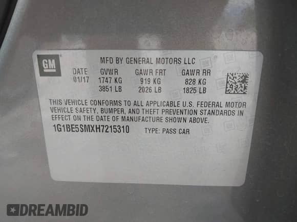 2017 Chevrolet Cruze LT z VIN 1G1BE5SMXH7215310, wystawiony jako IAAI lot #43400905 z przebiegiem 129 073 mil mil oraz . Historia ofert i sprzedaży dostępna na DreamBid. Obrazek 9.