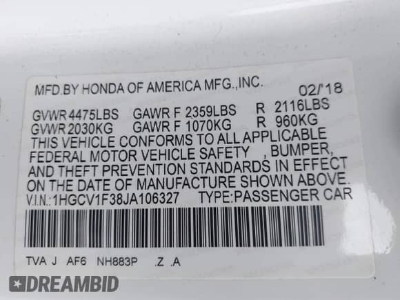 2018 Honda Accord Sport с VIN 1HGCV1F38JA106327, выставлен на аукционе IAAI как лот 42763297 с пробегом 110 838 миль миль и . История ставок и продаж доступна на DreamBid. Изображение 9.