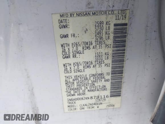 2019 Nissan Frontier SV with VIN 1N6AD0ER2KN879116, listed as a IAAI auction lot 43570482 with 135,666 mi miles and . Bid and sale history available at DreamBid. Image 9.