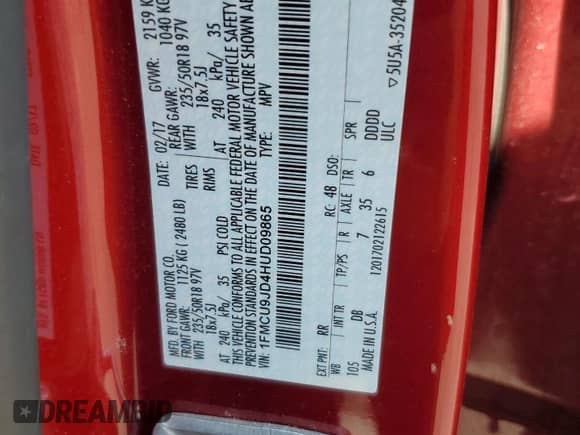 2017 Ford Escape Titanium with VIN 1FMCU9JD4HUD09865, listed as a Copart auction lot 68383735 with 136,198 mi miles and Clean title. Bid and sale history available at DreamBid. Image 13.