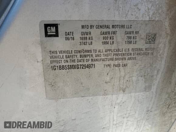 2016 Chevrolet Cruze LS с VIN 1G1BB5SMXG7294971, выставлен на аукционе Copart как лот 74442334 с пробегом 113 908 миль миль и На запчасти • Non repairable. История ставок и продаж доступна на DreamBid. Изображение 15.