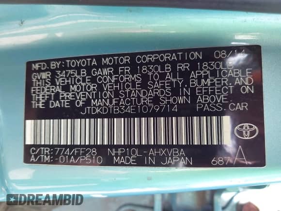 2014 Toyota Prius One z VIN JTDKDTB34E1079714, wystawiony jako IAAI lot #42913189 z przebiegiem 94 250 mil mil oraz . Historia ofert i sprzedaży dostępna na DreamBid. Obrazek 9.