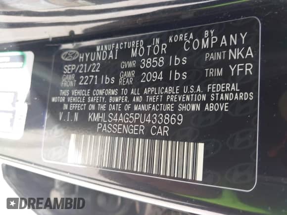 2023 Hyundai Elantra SEL with VIN KMHLS4AG5PU433869, listed as a IAAI auction lot 43468262 with 60,416 mi miles and . Bid and sale history available at DreamBid. Image 9.