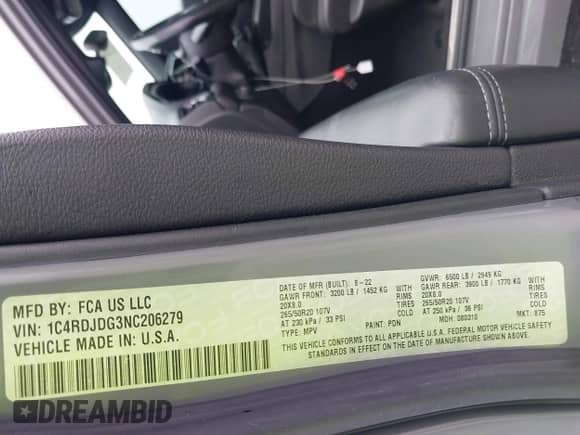 2022 Dodge Durango GT Plus z VIN 1C4RDJDG3NC206279, wystawiony jako IAAI lot #42116394 z przebiegiem Nie podano mil oraz . Historia ofert i sprzedaży dostępna na DreamBid. Obrazek 9.