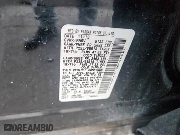 2014 Nissan Murano SV z VIN JN8AZ1MU7EW404791, wystawiony jako Copart lot #81815275 z przebiegiem 100 754 mil mil oraz Szkoda całkowita • Salvage title. Historia ofert i sprzedaży dostępna na DreamBid. Obrazek 14.