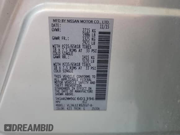 2016 Nissan Pathfinder Platinum with VIN 5N1AR2MM9GC601396, listed as a Copart auction lot 71881095 with 87,122 mi miles and Clean title. Bid and sale history available at DreamBid. Image 13.