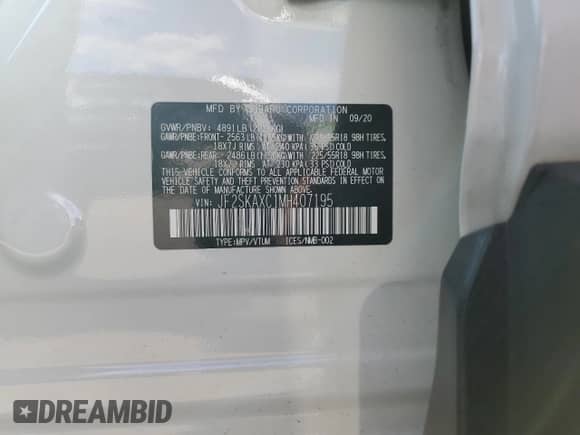 2021 Subaru Forester Touring с VIN JF2SKAXC1MH407195, выставлен на аукционе Copart как лот 70916055 с пробегом 48 355 миль миль и Списание • Salvage title. История ставок и продаж доступна на DreamBid. Изображение 14.