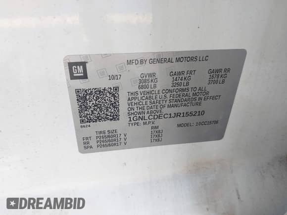 2018 Chevrolet Tahoe Commercial z VIN 1GNLCDEC1JR155210, wystawiony jako IAAI lot #42845068 z przebiegiem 159 456 mil mil oraz . Historia ofert i sprzedaży dostępna na DreamBid. Obrazek 9.