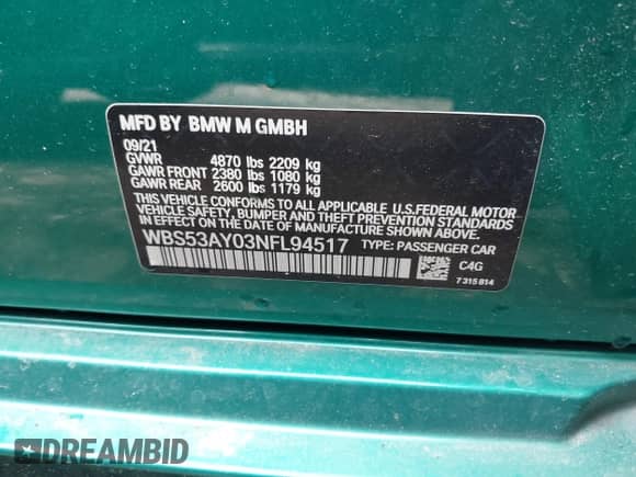 2022 BMW M3 with VIN WBS53AY03NFL94517, listed as a IAAI auction lot 42026142 with 96,679 mi miles and . Bid and sale history available at DreamBid. Image 9.