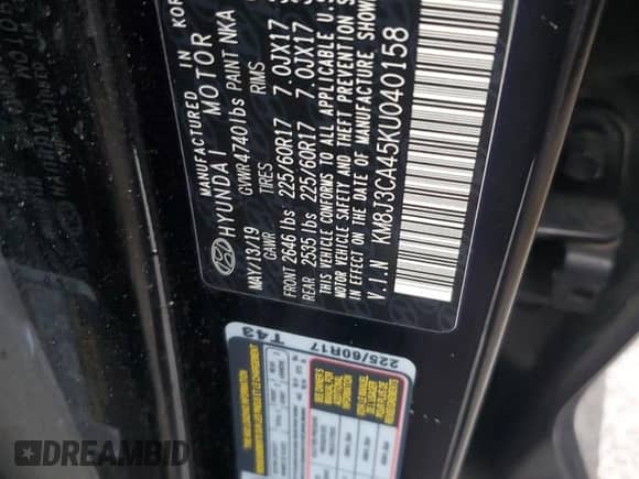 2019 Hyundai Tucson Value с VIN KM8J3CA45KU040158, выставлен на аукционе Copart как лот 83750435 с пробегом 27 316 миль миль и Списание • Salvage title. История ставок и продаж доступна на DreamBid. Изображение 13.