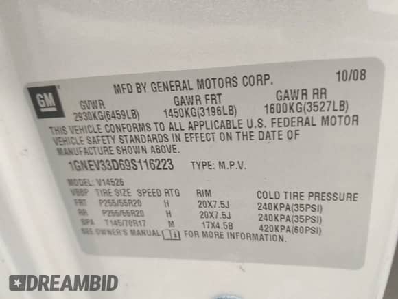 2009 Chevrolet Traverse LTZ with VIN 1GNEV33D69S116223, listed as a IAAI auction lot 43086427 with 172,790 mi miles and . Bid and sale history available at DreamBid. Image 9.
