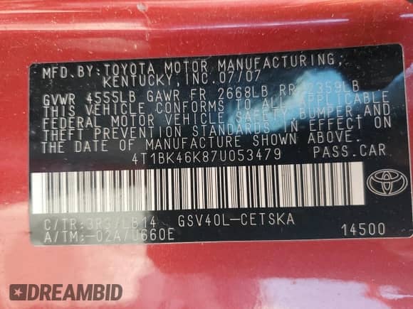 2007 Toyota Camry LE с VIN 4T1BK46K87U053479, выставлен на аукционе Copart как лот 69386985 с пробегом 299 605 миль миль и Списание • Salvage title. История ставок и продаж доступна на DreamBid. Изображение 12.