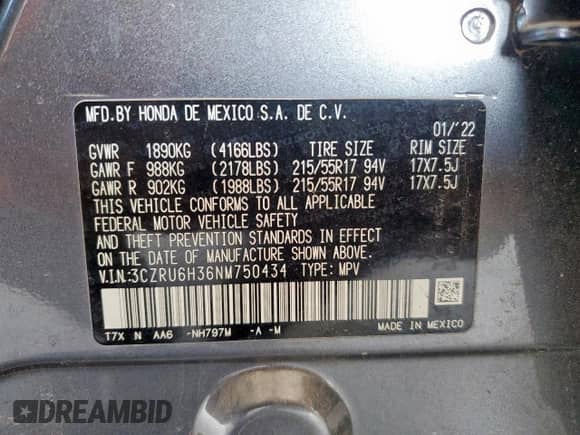 2022 Honda HR-V LX z VIN 3CZRU6H36NM750434, wystawiony jako Copart lot #80681465 z przebiegiem 69 879 mil mil oraz Szkoda całkowita • Salvage title. Historia ofert i sprzedaży dostępna na DreamBid. Obrazek 13.