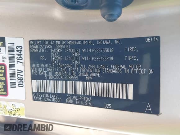 2014 Toyota Sienna Limited с VIN 5TDDK3DCXES088559, выставлен на аукционе IAAI как лот 41534244 с пробегом 252 783 миль миль и . История ставок и продаж доступна на DreamBid. Изображение 9.