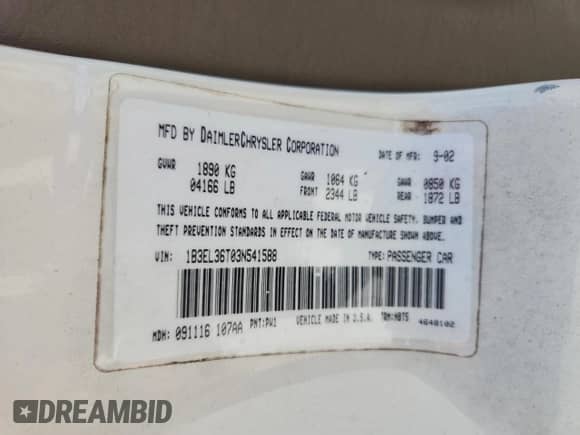 2003 Dodge Stratus SE с VIN 1B3EL36T03N541588, выставлен на аукционе Copart как лот 63550025 с пробегом 130 122 миль миль и Списание • Salvage title. История ставок и продаж доступна на DreamBid. Изображение 13.