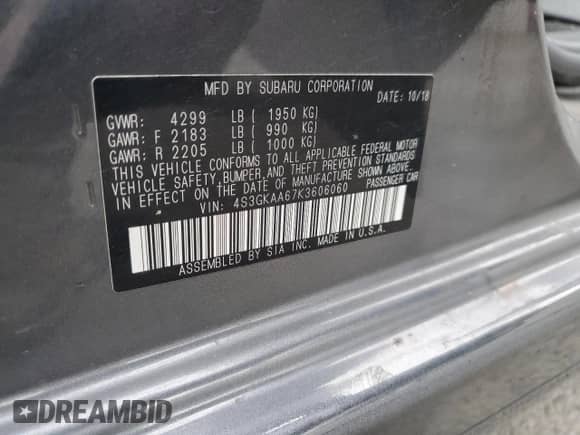 2019 Subaru Impreza с VIN 4S3GKAA67K3606060, выставлен на аукционе Copart как лот 81703085 с пробегом 60 033 миль миль и Списание • Salvage title. История ставок и продаж доступна на DreamBid. Изображение 12.