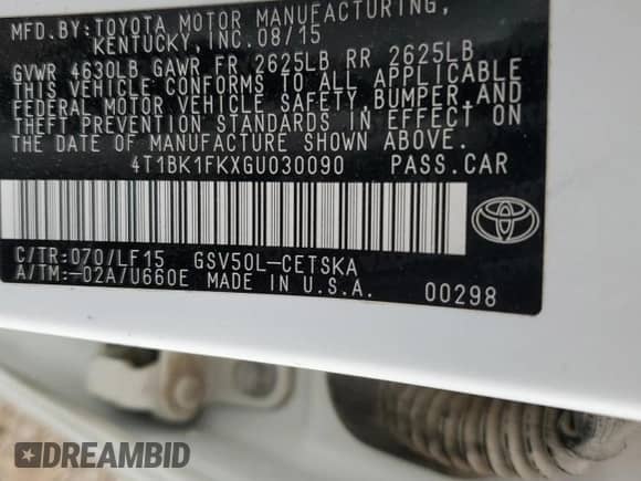 2016 Toyota Camry XLE with VIN 4T1BK1FKXGU030090, listed as a Copart auction lot 85011365 with 130,596 mi miles and Salvage title. Bid and sale history available at DreamBid. Image 12.