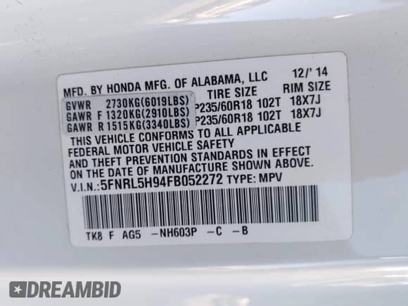 2015 Honda Odyssey Touring Elite с VIN 5FNRL5H94FB052272, выставлен на аукционе IAAI как лот 43040692 с пробегом 134 921 миль миль и . История ставок и продаж доступна на DreamBid. Изображение 9.