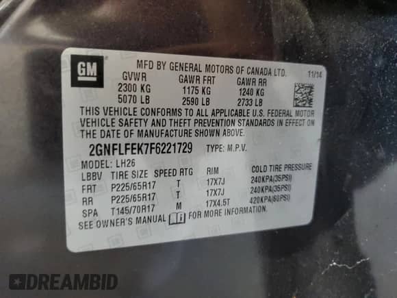 2015 Chevrolet Equinox LT with VIN 2GNFLFEK7F6221729, listed as a Copart auction lot 53292595 with 144,797 mi miles and Salvage title. Bid and sale history available at DreamBid. Image 14.