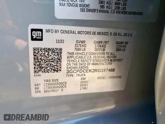 2024 Chevrolet Silverado 1500 Custom Trail Boss z VIN 3GCPDCEK2RG197468, wystawiony jako Copart lot #83947465 z przebiegiem Nie podano mil oraz Szkoda całkowita • Salvage title. Historia ofert i sprzedaży dostępna na DreamBid. Obrazek 12.
