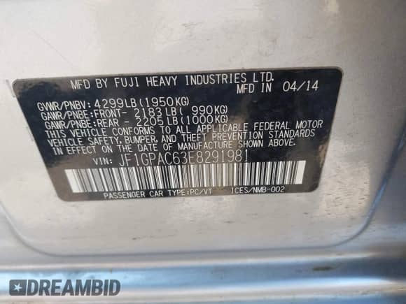 2014 Subaru Impreza Premium with VIN JF1GPAC63E8291981, listed as a IAAI auction lot 42842971 with 56,343 mi miles and . Bid and sale history available at DreamBid. Image 9.