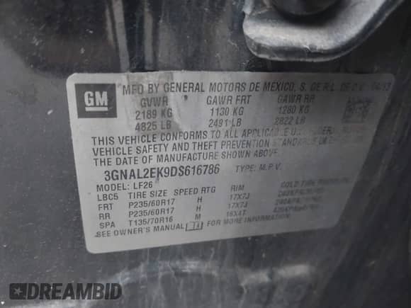 2013 Chevrolet Captiva Sport LS with VIN 3GNAL2EK9DS616786, listed as a IAAI auction lot 42872692 with 150,461 mi miles and . Bid and sale history available at DreamBid. Image 9.