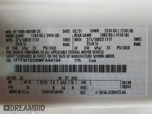 2021 Ford F-150 XL with VIN 1FTFW1ED0MFA94104, listed as a Copart auction lot 89804255 with 79,529 mi miles and Salvage title. Bid and sale history available at DreamBid. Image 12.