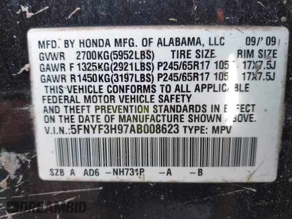 2010 Honda Pilot Touring with VIN 5FNYF3H97AB008623, listed as a IAAI auction lot 42797309 with 312,005 mi miles and . Bid and sale history available at DreamBid. Image 9.