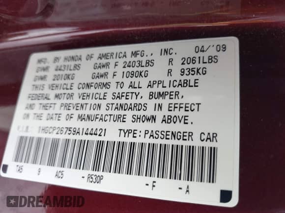 2009 Honda Accord EX with VIN 1HGCP26759A144421, listed as a IAAI auction lot 43245923 with 122,627 mi miles and . Bid and sale history available at DreamBid. Image 9.