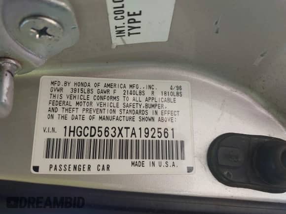 1996 Honda Accord LX z VIN 1HGCD563XTA192561, wystawiony jako IAAI lot #42915033 z przebiegiem 184 789 mil mil oraz . Historia ofert i sprzedaży dostępna na DreamBid. Obrazek 9.