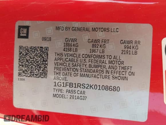 2019 Chevrolet Camaro 1LT with VIN 1G1FB1RS2K0108680, listed as a IAAI auction lot 43241463 with 171,214 mi miles and . Bid and sale history available at DreamBid. Image 9.