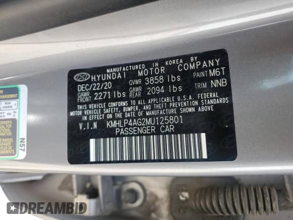 2021 Hyundai Elantra Limited with VIN KMHLP4AG2MU125801, listed as a Copart auction lot 56731705 with 64,959 mi miles and Clean title. Bid and sale history available at DreamBid. Image 12.