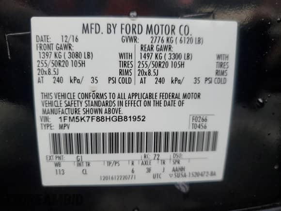 2017 Ford Explorer Limited z VIN 1FM5K7F88HGB81952, wystawiony jako Copart lot #83954605 z przebiegiem 110 880 mil mil oraz Szkoda całkowita • Salvage title. Historia ofert i sprzedaży dostępna na DreamBid. Obrazek 14.