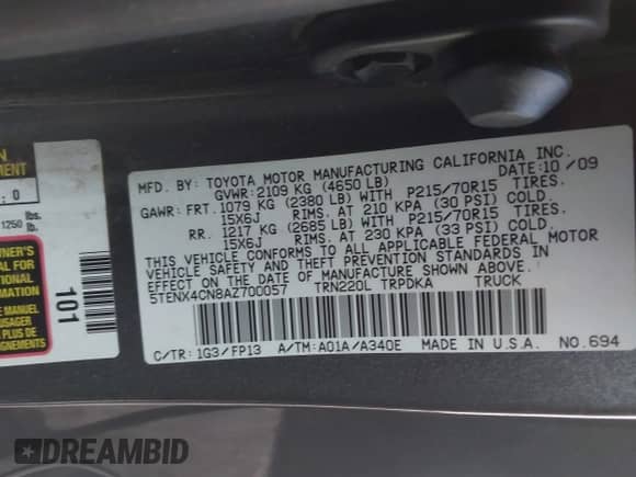 2010 Toyota Tacoma with VIN 5TENX4CN8AZ700057, listed as a IAAI auction lot 41479454 with 209,706 mi miles and . Bid and sale history available at DreamBid. Image 9.