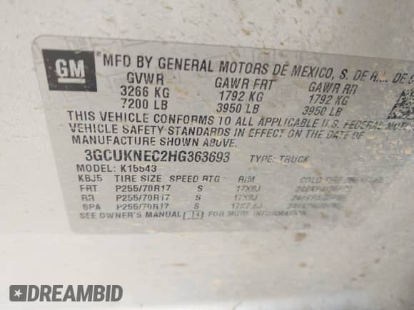 2017 Chevrolet Silverado 1500 Work Truck with VIN 3GCUKNEC2HG363693, listed as a IAAI auction lot 42574036 with 171,704 mi miles and . Bid and sale history available at DreamBid. Image 9.