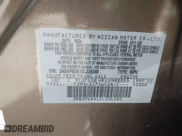 2025 Nissan Kicks SR with VIN 3N8AP6DA1SL336580, listed as a IAAI auction lot 42249184 with 5,928 mi miles and . Bid and sale history available at DreamBid. Image 9.