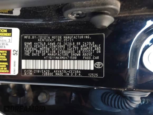 2021 Toyota Camry SE z VIN 4T1G11AKXMU471598, wystawiony jako IAAI lot #43060273 z przebiegiem 87 450 mil mil oraz . Historia ofert i sprzedaży dostępna na DreamBid. Obrazek 9.