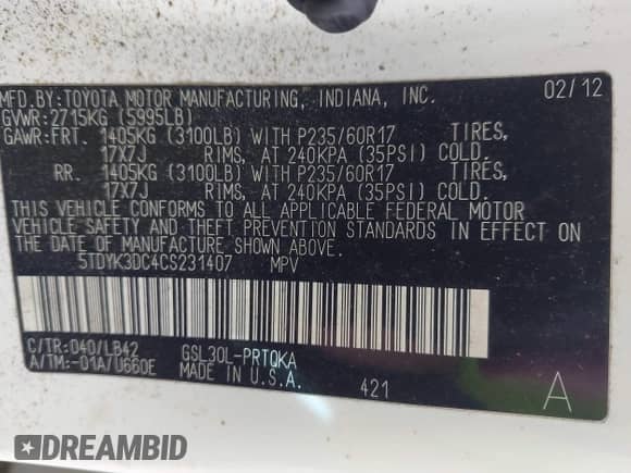 2012 Toyota Sienna XLE with VIN 5TDYK3DC4CS231407, listed as a IAAI auction lot 43531271 with 382,802 mi miles and . Bid and sale history available at DreamBid. Image 9.
