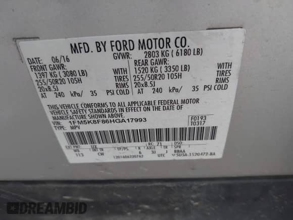 2017 Ford Explorer Limited z VIN 1FM5K8F86HGA17993, wystawiony jako IAAI lot #42753436 z przebiegiem 119 627 mil mil oraz . Historia ofert i sprzedaży dostępna na DreamBid. Obrazek 9.