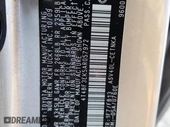 2010 Toyota Camry LE with VIN 4T4BF3EK5AR057972, listed as a Copart auction lot 81343445 with 78,199 mi miles and Salvage title. Bid and sale history available at DreamBid. Image 13.