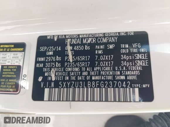 2015 Hyundai Santa Fe с VIN 5XYZU3LB8FG237042, выставлен на аукционе IAAI как лот 43003060 с пробегом 126 844 миль миль и . История ставок и продаж доступна на DreamBid. Изображение 9.