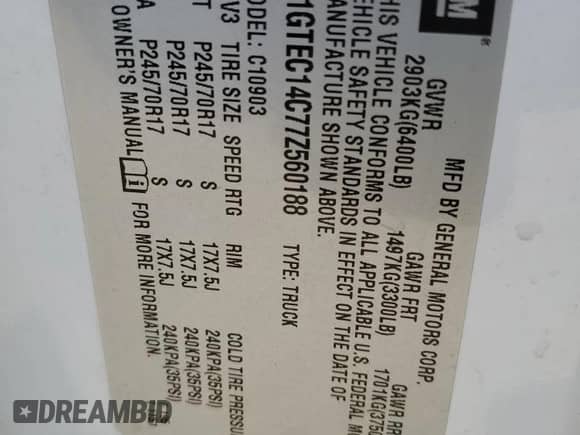 2007 GMC Sierra 1500 Work Truck с VIN 1GTEC14C77Z560188, выставлен на аукционе Copart как лот 58769705 с пробегом 169 520 миль миль и Чистый • Clean title. История ставок и продаж доступна на DreamBid. Изображение 12.