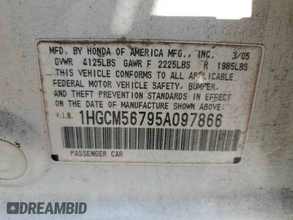 2005 Honda Accord EX with VIN 1HGCM56795A097866, listed as a Copart auction lot 71400555 with 160,884 mi miles and Salvage title. Bid and sale history available at DreamBid. Image 12.