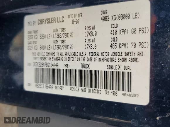 2008 Dodge 2500 SXT with VIN 3D7KS29A78G134740, listed as a Copart auction lot 70313805 with 154,514 mi miles and Non repairable. Bid and sale history available at DreamBid. Image 12.